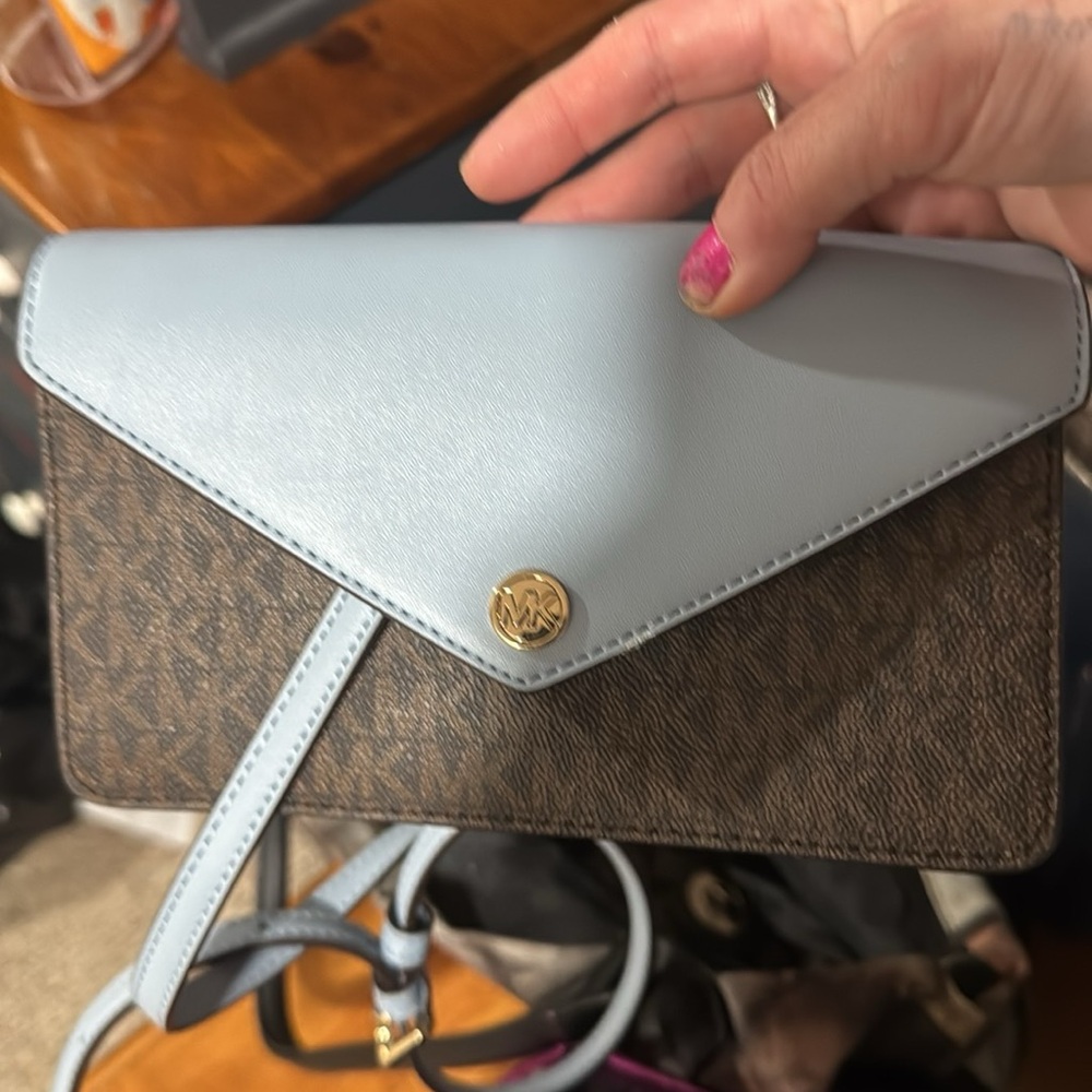 Michael Kors Blue and Brown Clutch with Gold Hardware